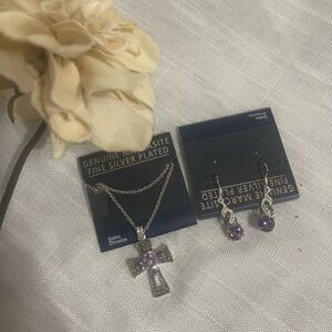 Silver-Plated Cross Necklace & Drop Earrings Set with Purple Cubic Zirconia